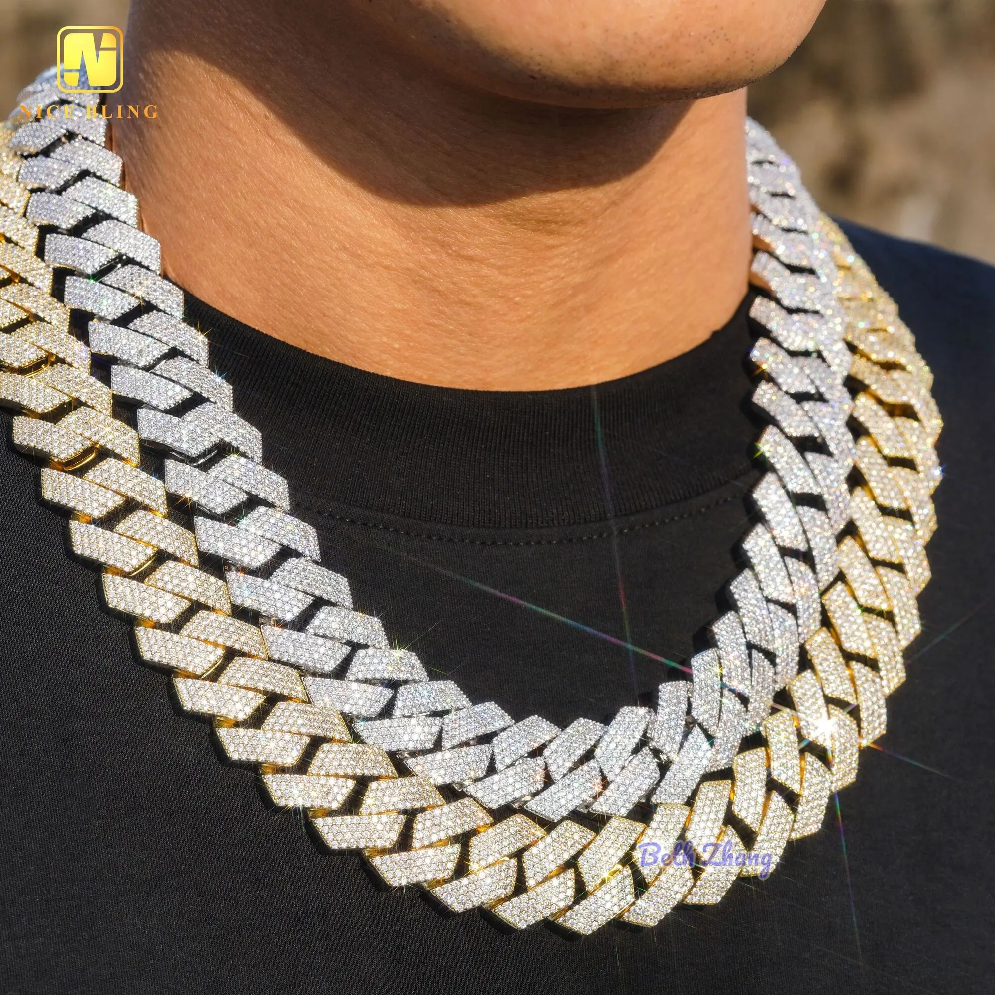 18k Gold Plated Brass Chains Hip Hop Men Necklace 20mm Thick Cuban Link Iced Out Brass Jewelry Prong Setting Cuban