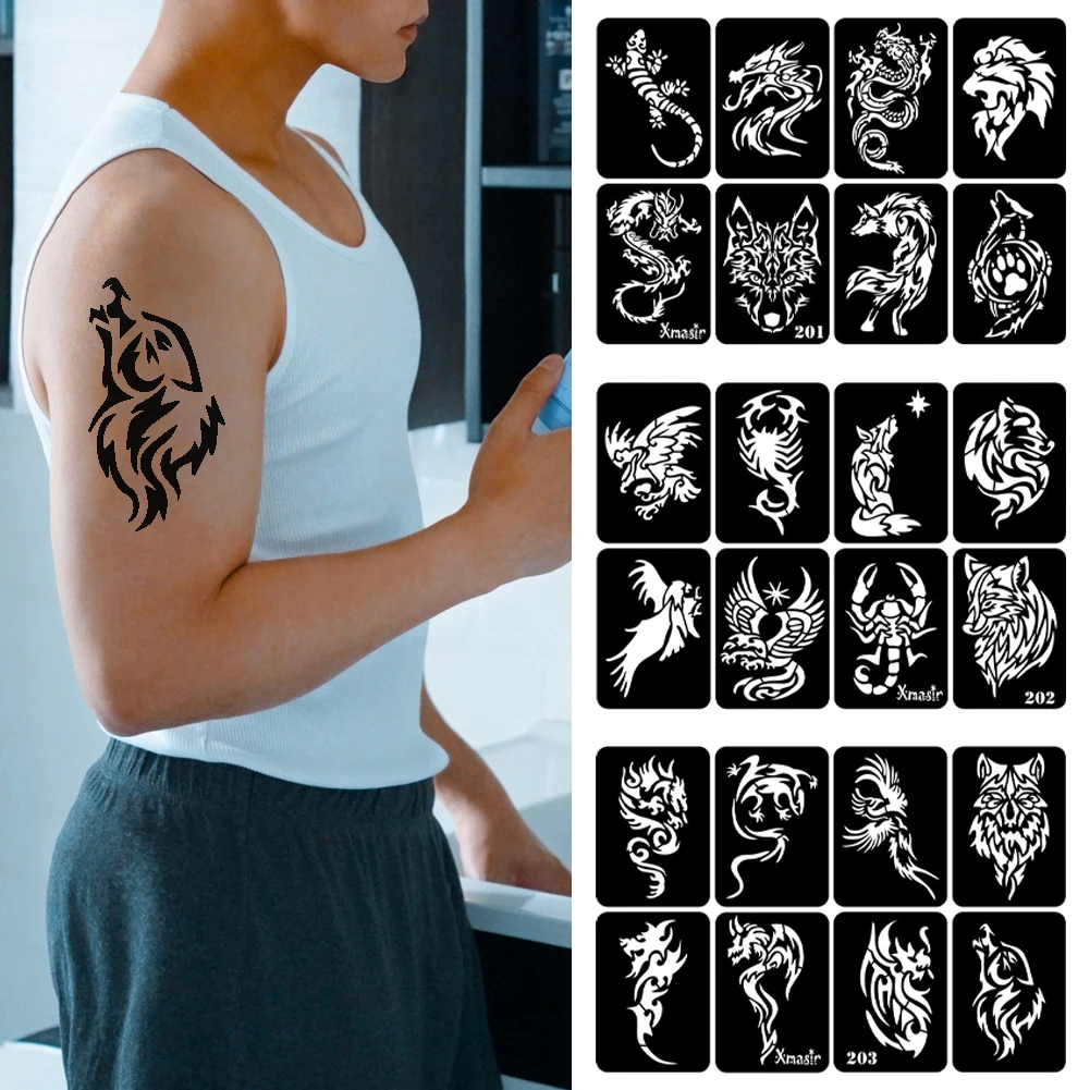 1Sheet Tattoo Stencil For Man Templates Body Art Showing Airbrush Paint Templates Decal Men\'s Arm Wolf Dragon Tattoo Template