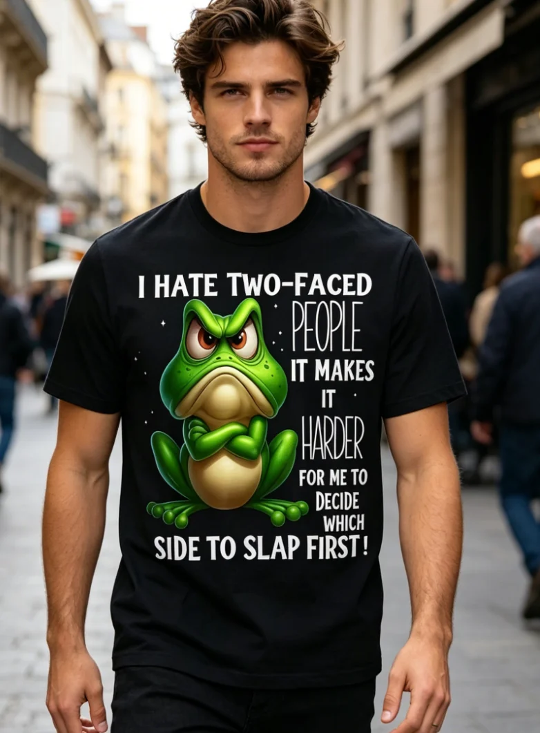 Angry Frog I Hate Two-Faced People Men's Graphic T-Shirt Short Sleeve Casual T-Shirt Summer Wear Fun Gift for Friends and Family