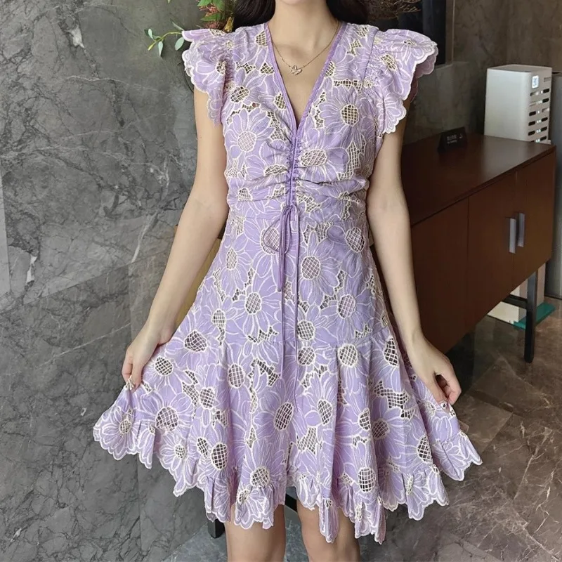 Chic Magritte Embroidery Purple Dress Women Streetwear V-neck Vintage Elegant Vestidos Sleeveless Design Dress Bodycon Party