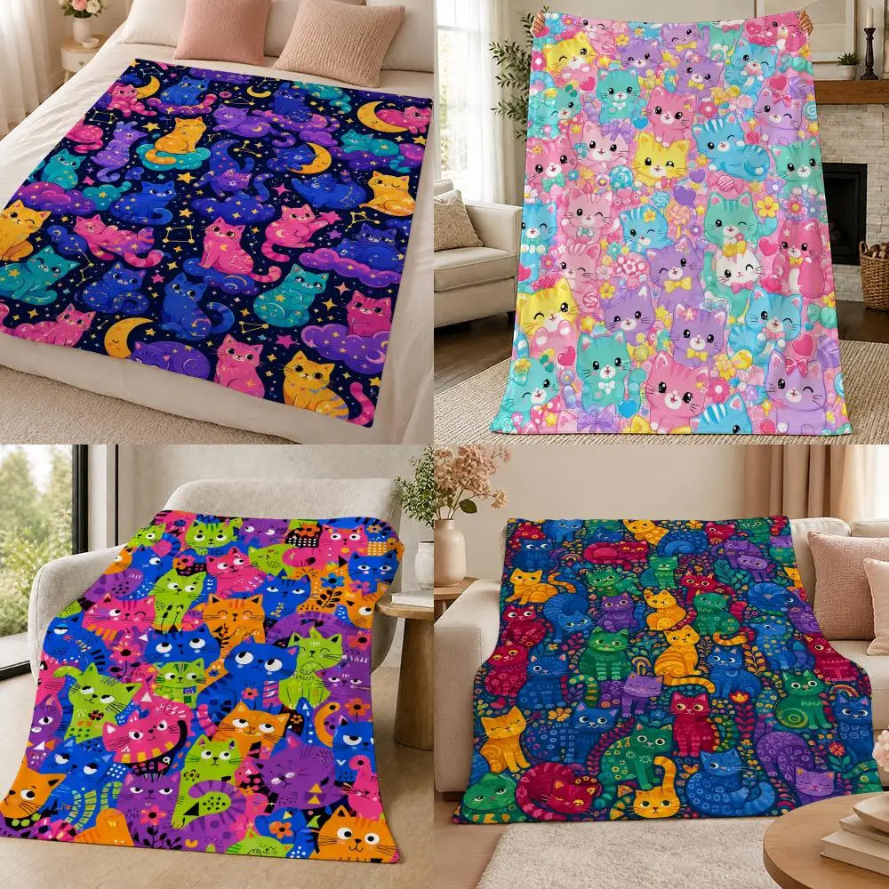 Colorful Galaxy Cat Cosmic Fantasy Gift Throw 320g Soft Flannel Fleece Throw Blanket Cover Sofa Bed Dorm Nap