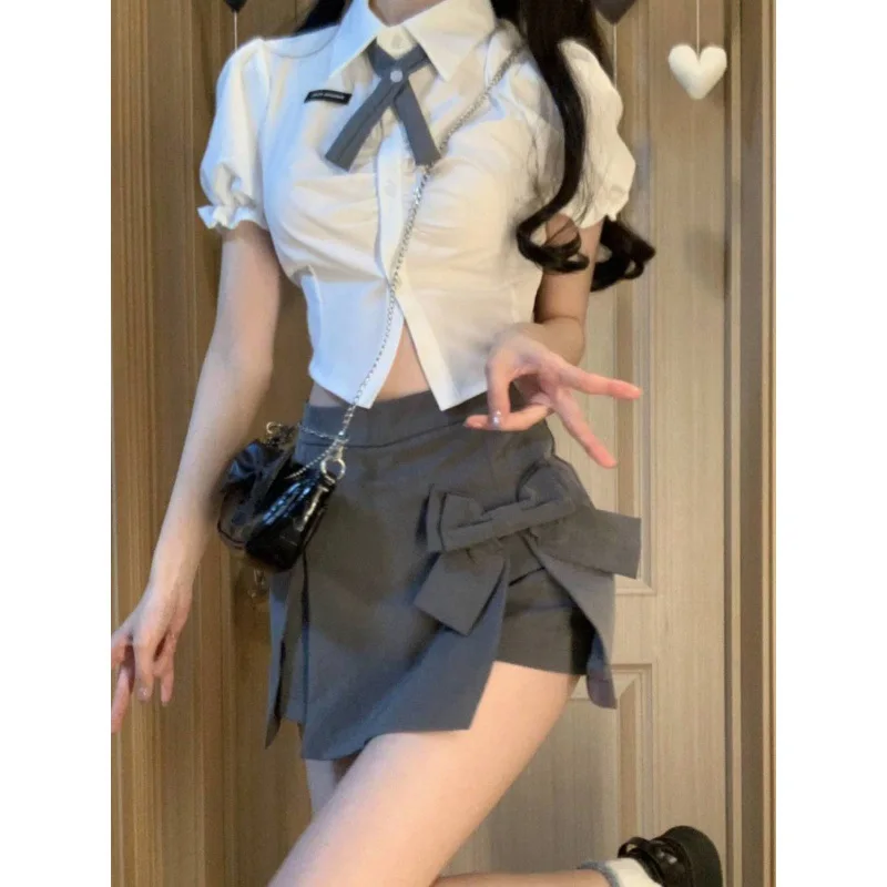 Pure Desire Style Short Bubble Sleeve Shirt Set Women's Summer High Waist Bow Wrapped Hip Half Skirt Hot Girl Short Sleeve Top