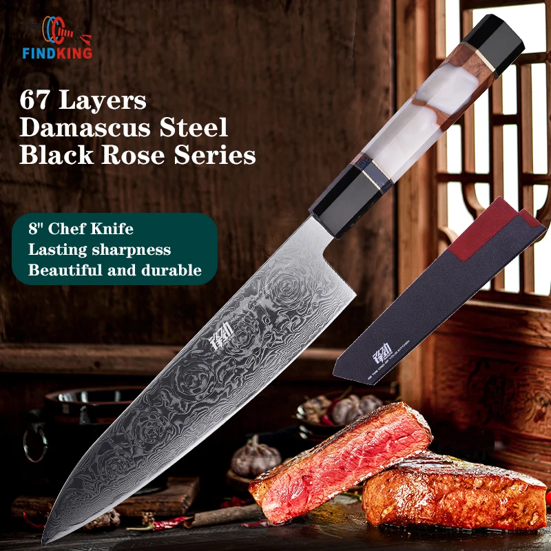 FINDKING Knife Black Rose Series AUS 10 Damascus Steel Japanese Knife Rose Pattern Professional 8 inch Resin Kitchen Chef Knife