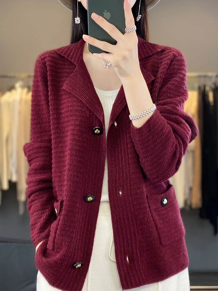 Aliselect  Fashion Women Clothing 100% Merino Wool Sweater Turn-down Collar Long Sleeve Spring Autumn Winter Cardigan Knitwears