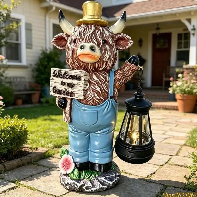 Solar Hanging Light Cow Garden Statue, Welcome Figure for Yard Entry, Patio Display, Porch Step, Gold Top Hat Accent 831F