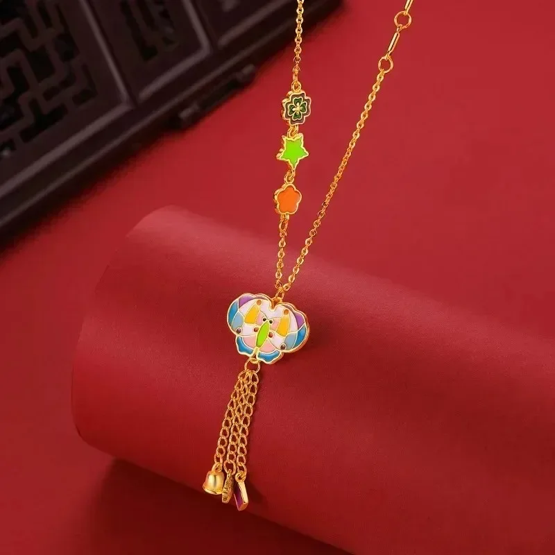 VivoGold New Chinese 9999 24K Real Gold Enamel Color Design Creative Butterfly Tassel Set Chain Design Retro Butterfly Necklace