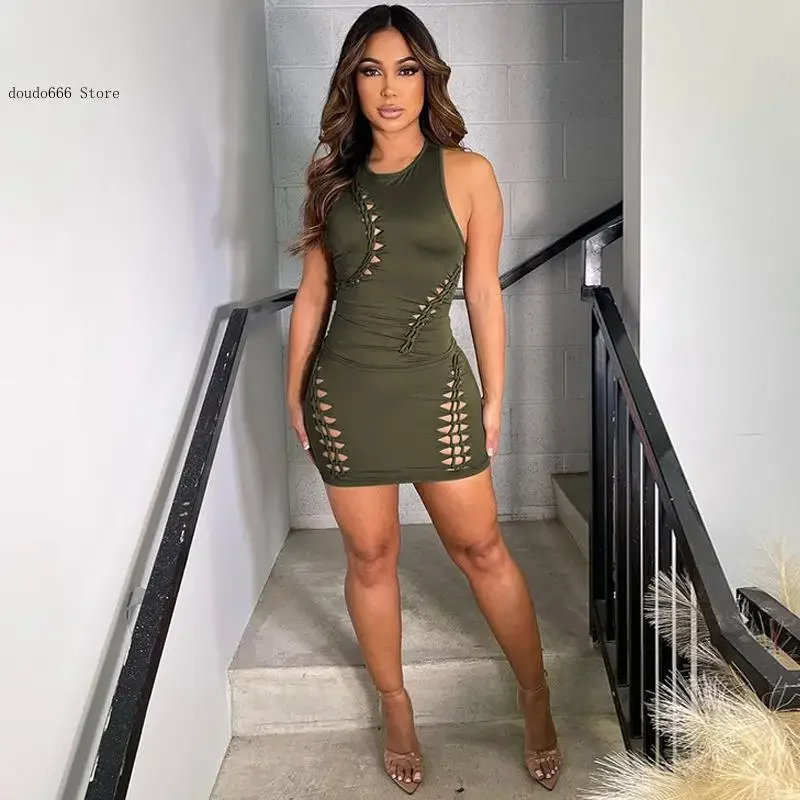 European and American Style Women's Spring and Summer Fashion Hollow Round Neck Sleeveless Skirt Set