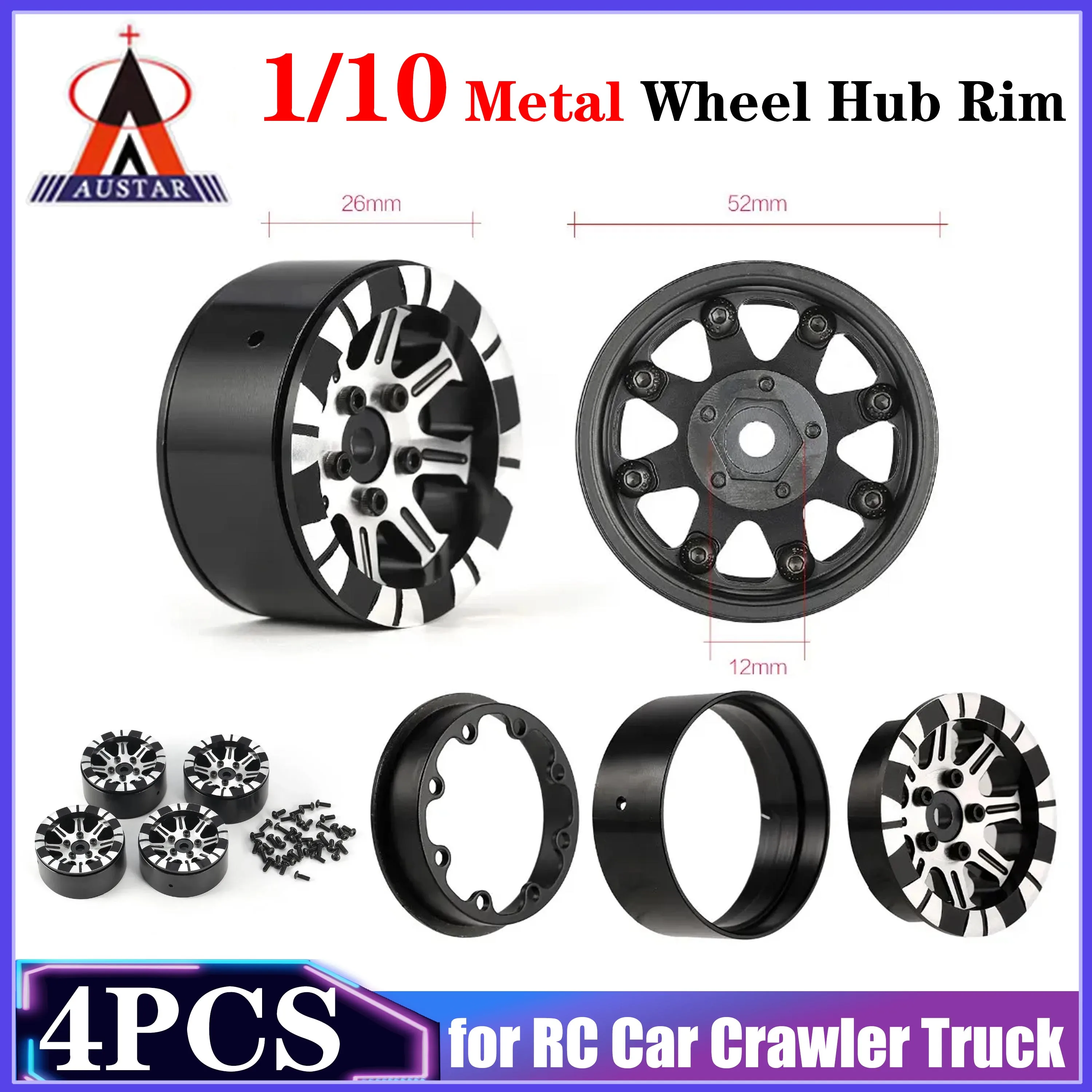 

Austar 4PCS 1.9inch 12mm Metal Tires Wheel Hub Rim for 1/10 RC Car Crawler Truck Buggy HSP HPI Traxxas TRX-4 SCX10 RC4 D90