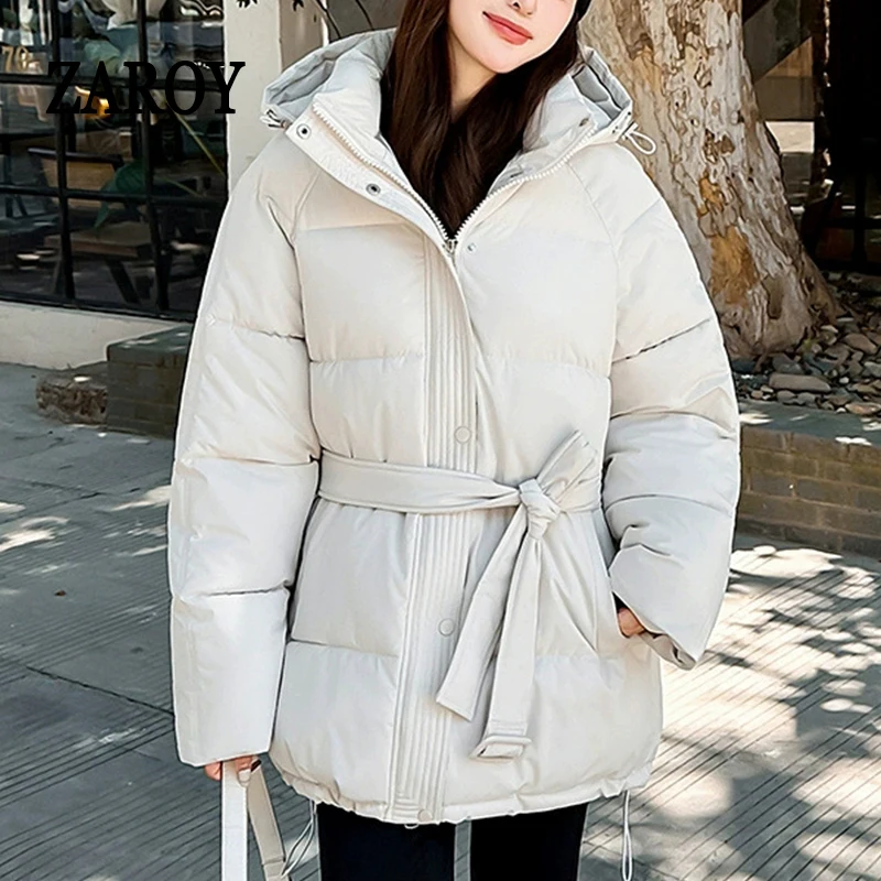 ZAROY Women Winter Hooded Coats Casual Sashes Cotton Parkas Solid Warm All-match Pocket Belted Jacket Outerwears куртка ж