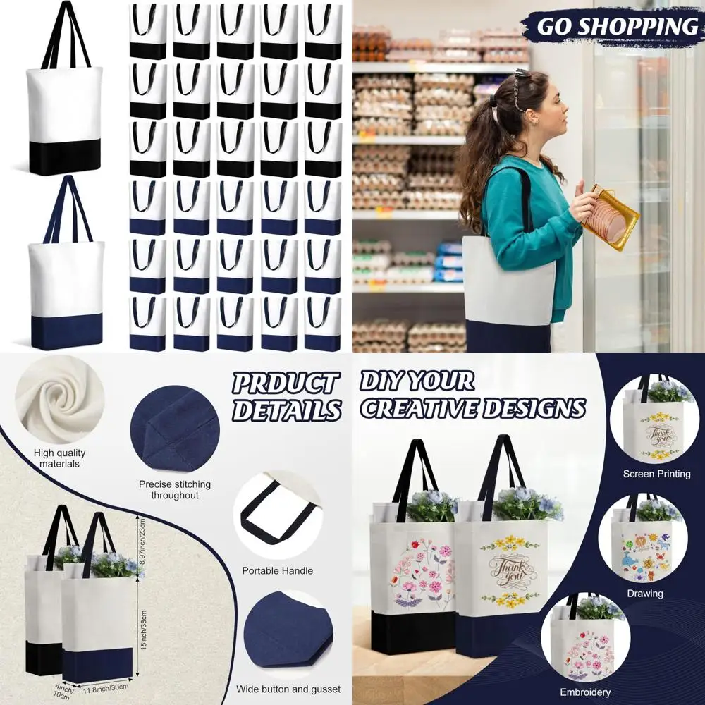 

Многоразовые сумки для покупок продуктов: объемные холщовые сумки-тоут из 30 предметов с ручками, синие и черные для женщин, идеально подходят для пляжа и каждого