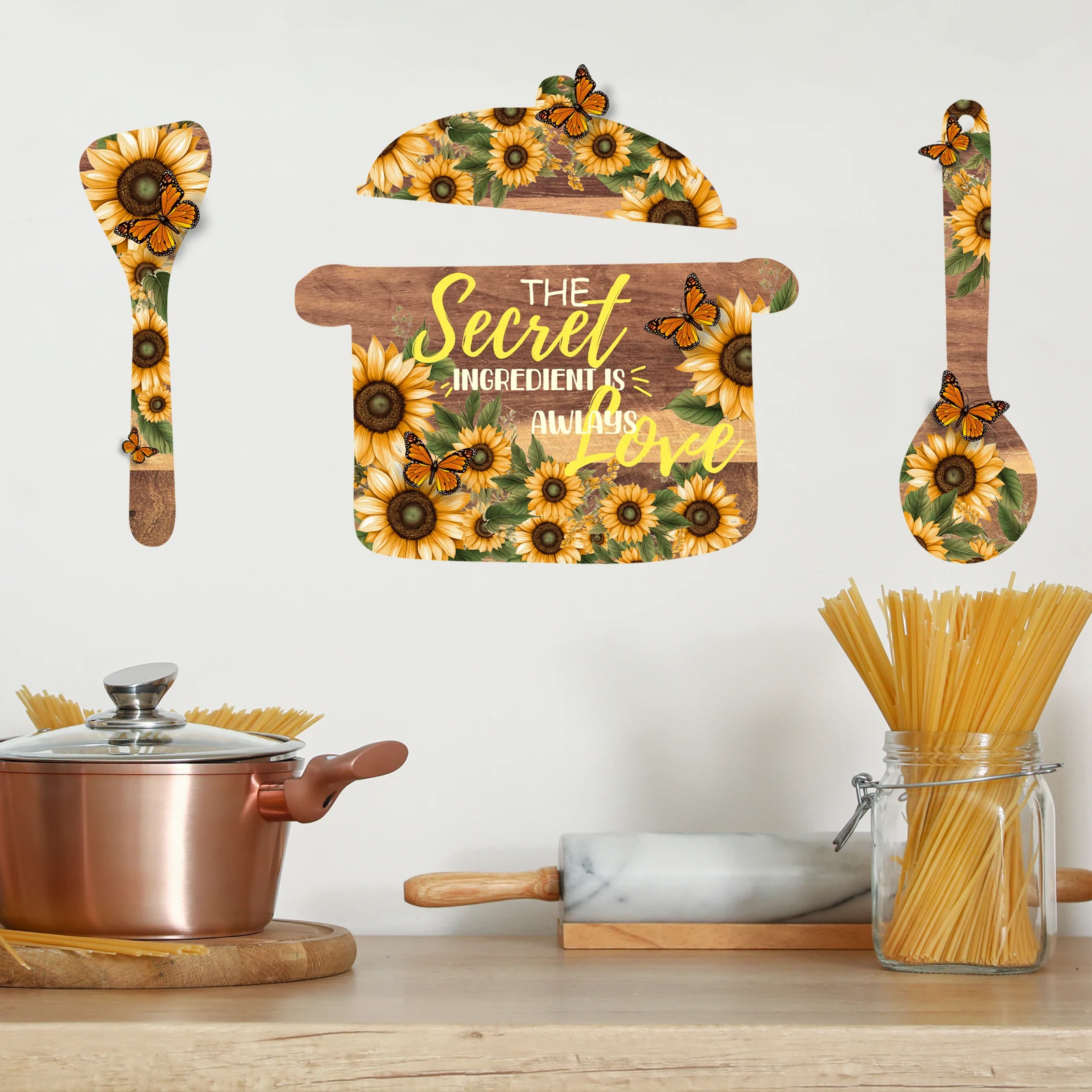 Wooden Sunflower Butterfly Kitchen Wall Sticker 