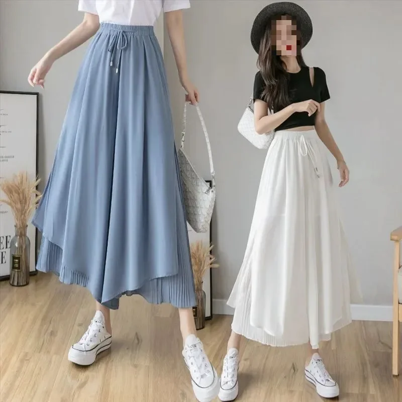 Elastic Waist Chiffon Wide Pants Women Summer Fashion Casual Popular Woman Baggy Trousers Female Dropshipping Cheap Wholesale