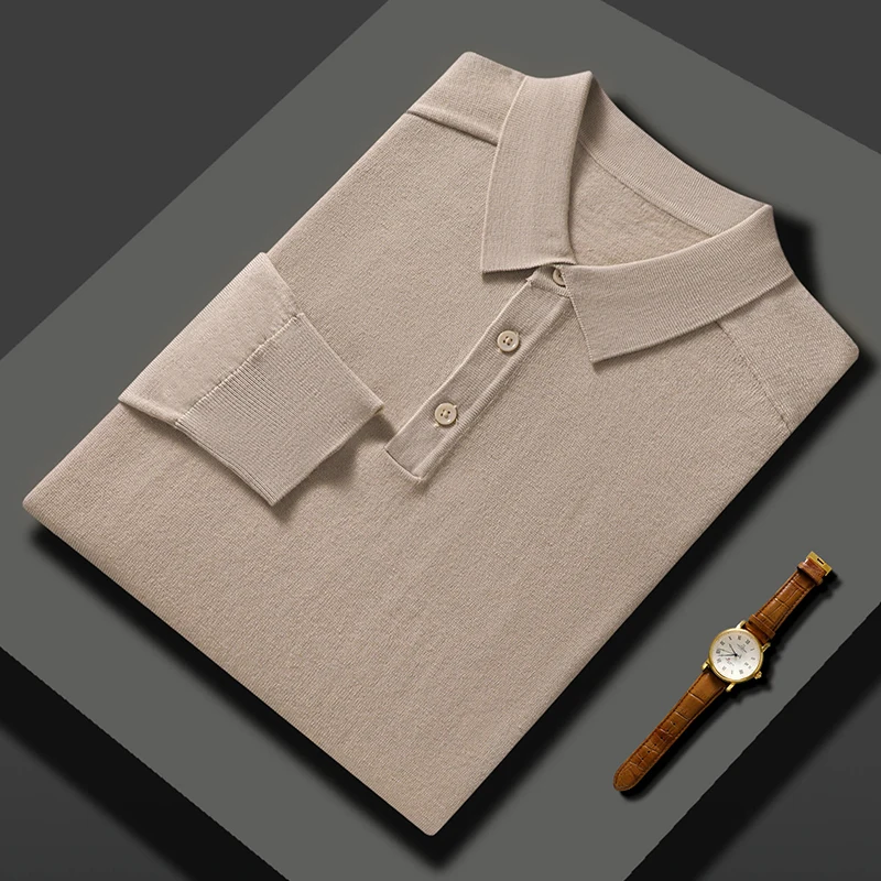Men' s Worsted Polo Neck Sweater 100% Wool Loose And Casual Lapel Knitted Bottoming Shirt Top