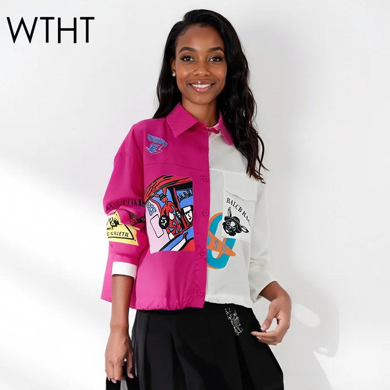 

WTHT New Fashion Women's Cartoon Graffiti Patchwork Loose Shirt 2025 Autumn Trendy Lapel Long Sleeves Blouse Female 1LS2403