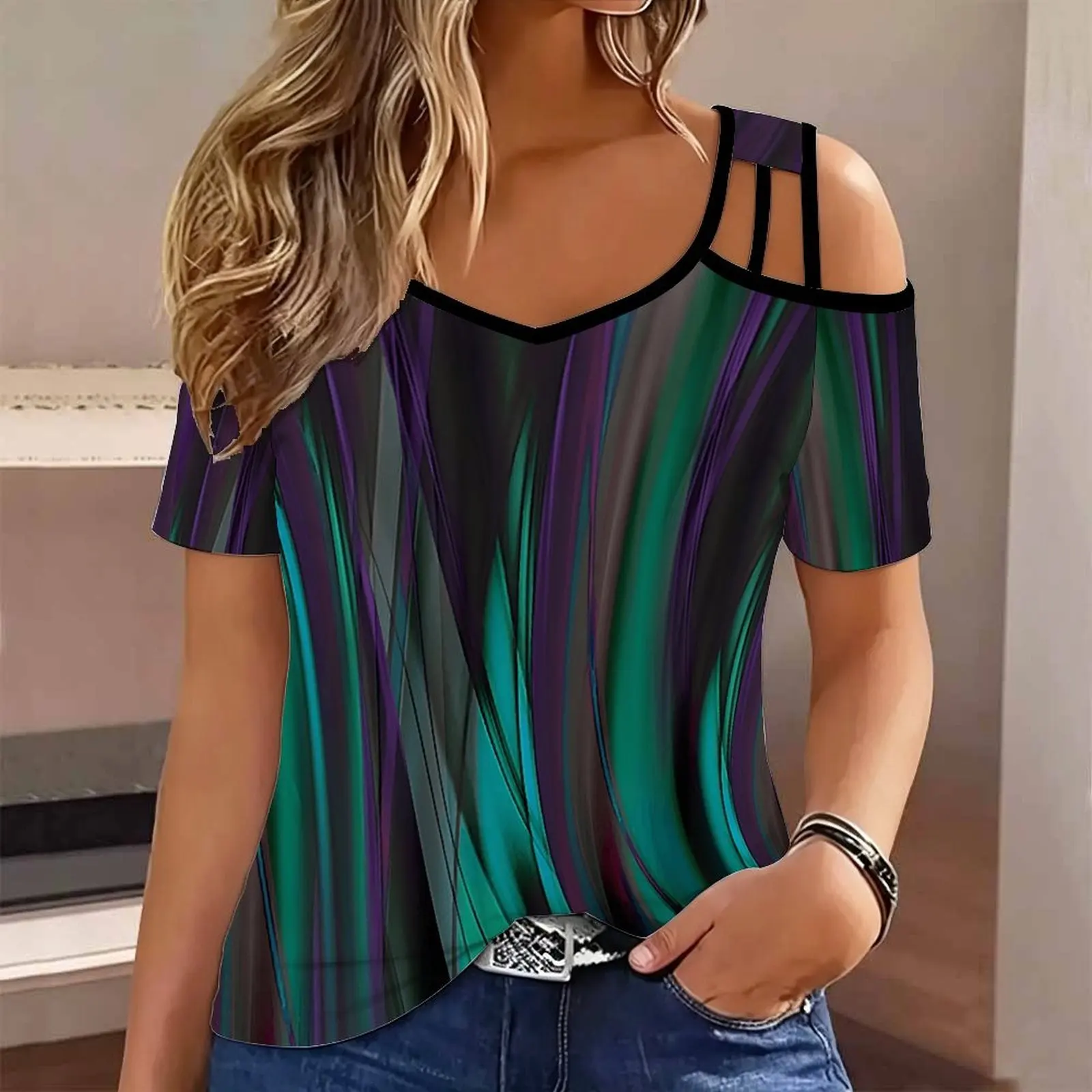 Plus Size Summer Women’s Retro Print  Cold Shoulder V Neck Tee Elegance Fashion Casual Top Beach Vacation Wear