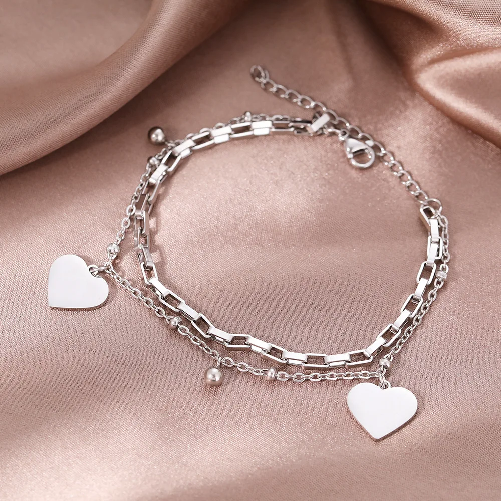 1PC Women's Fashion DIY Double layer Stainless Steel Love Pendant Bracelet Bracelet Date Travel Banquet Party Dressing Gift image 2