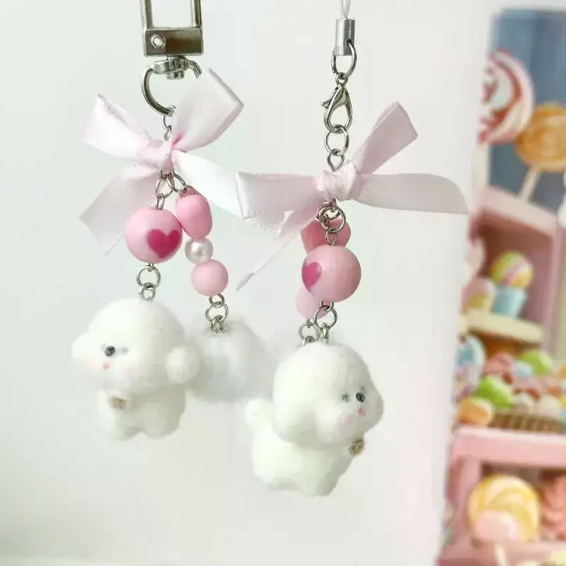 

Мультяшный флокированный кулон с кошками и собаками, модный брелок для ключей для женщин и девочек, милая сумка, кулон, кавайная цепочка для мобильного телефона, подарки