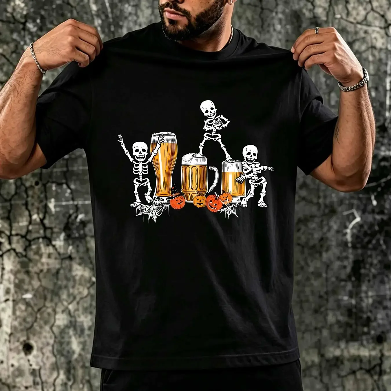 washed T Shirt Happy Halloween Funny Skeleton Drinking Beer Pumpkins Ladies' Crewneck vintage Washed Casual designer clothes