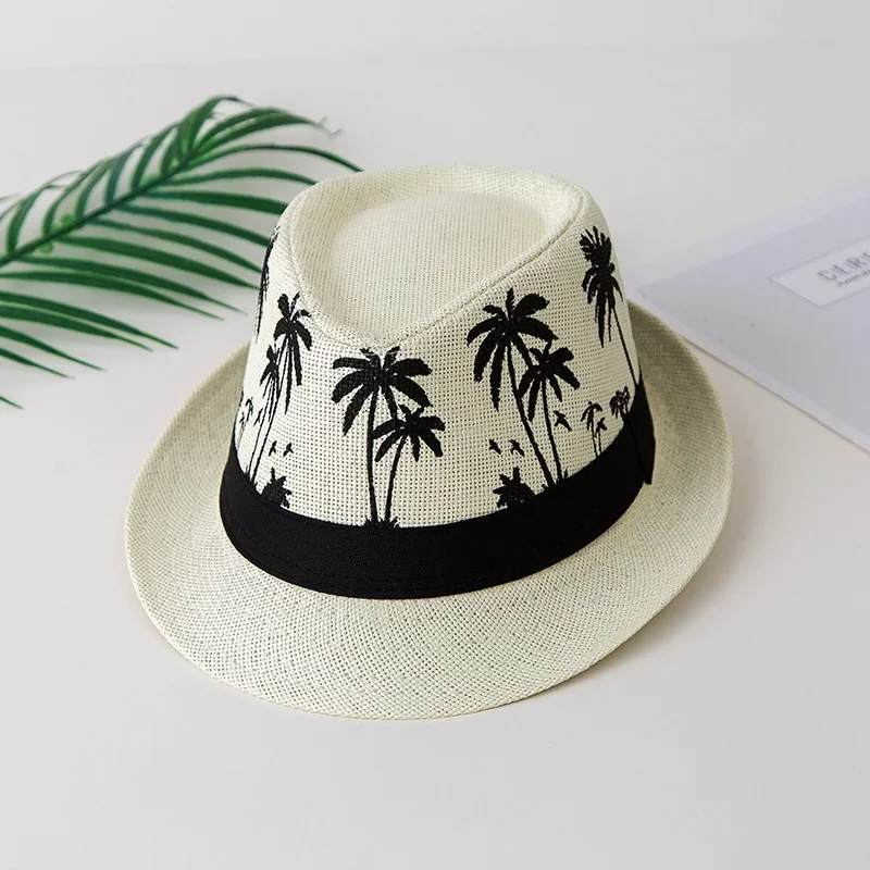 New Spring Summer Palm Tree Jazz Hat Sun Protection Unisex Short Straw Shade Breathable Beach Hats for Men Women Summer Caps