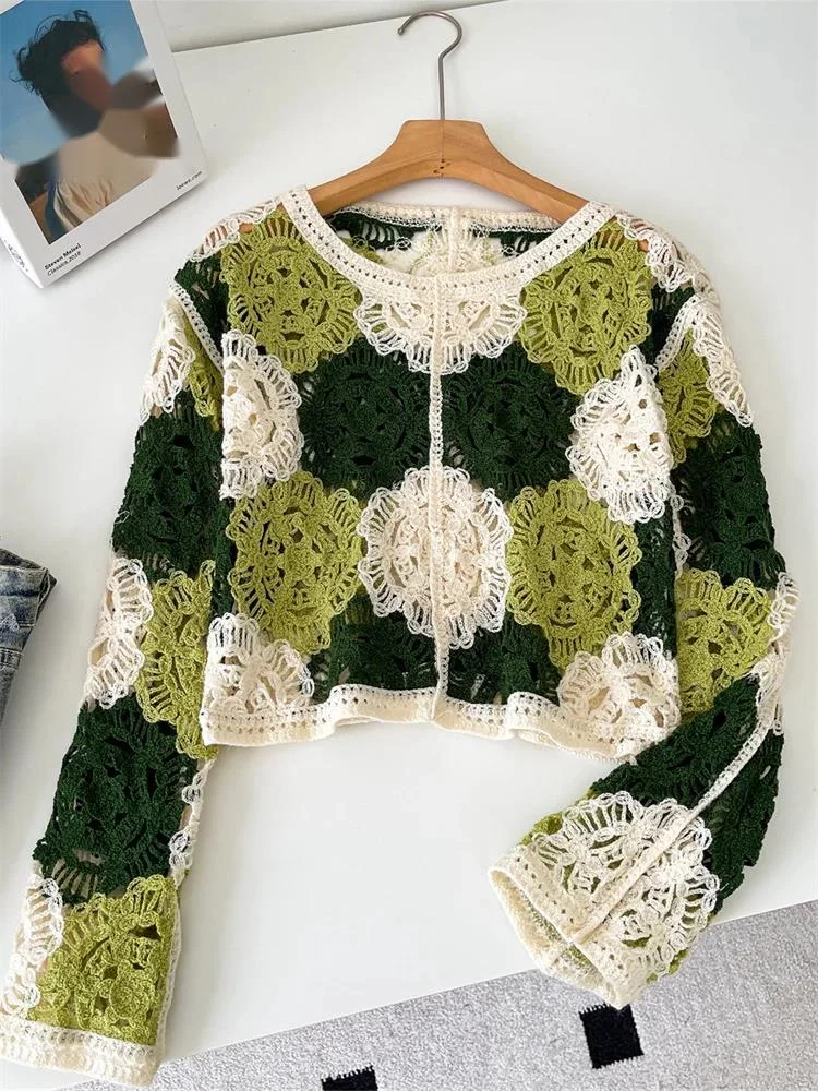 

Hook Floral Basics Short Top 2025 Simple Women O Neck Long Sleeves Print Loose Casual Blouse Hollow out Vacation Shirt