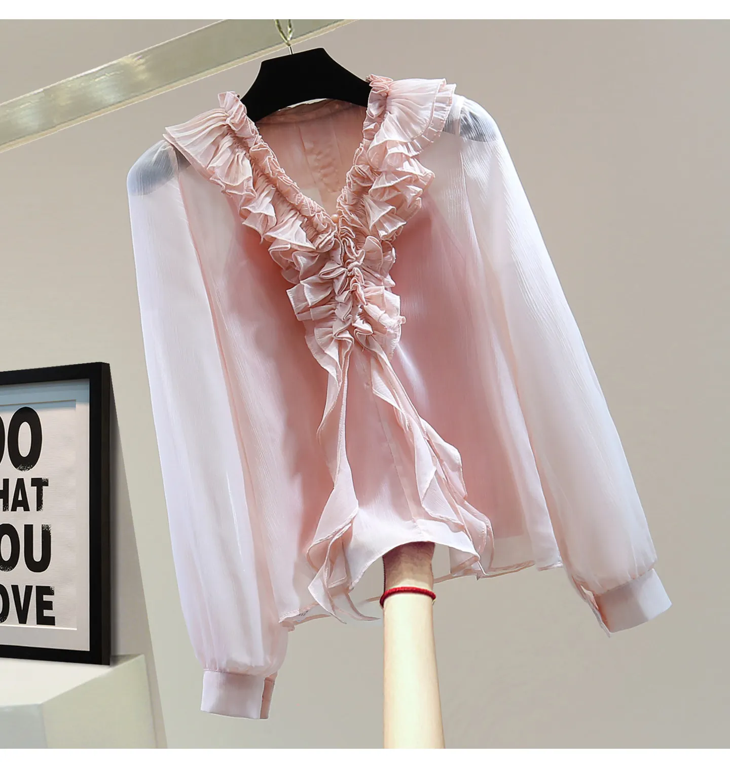 

Шифоновая блузка с рюшами и бахромой, с длинными рукавами, весна-лето 2026, свободный крой, однотонная, с защитой от солнца, модная, для женщин