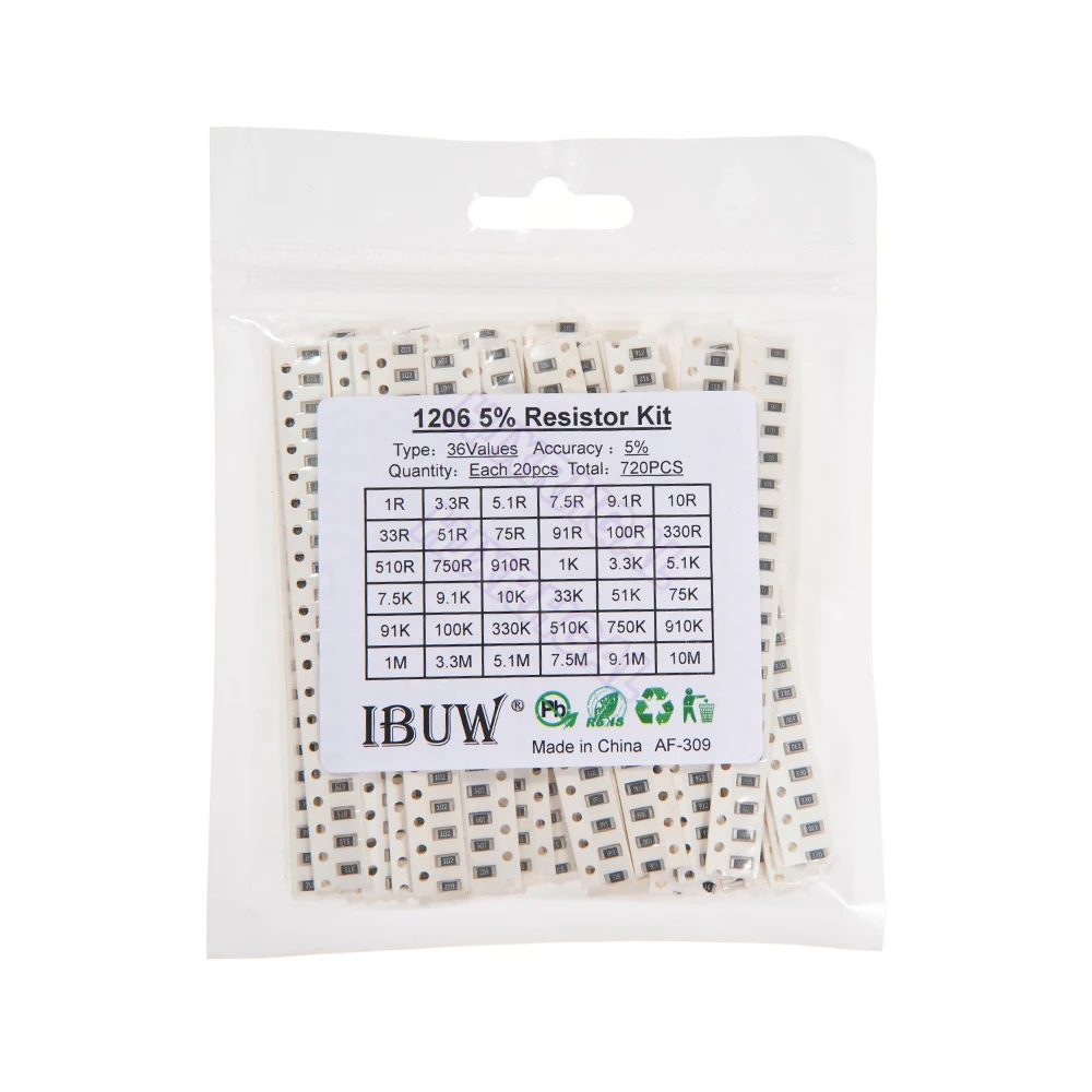 36Value * 20pcs =720pcs 1206 SMD Resistor Kit 1/4W 0.25W 5% 1 ohm~10 Mohm  component diy  kit new and original