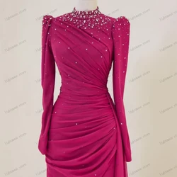 Graceful Evening Dresses Satin Prom Dress Beading Appliques Full Sleeves Mermaid Glamorous High Neck Vestido De Noche Customized