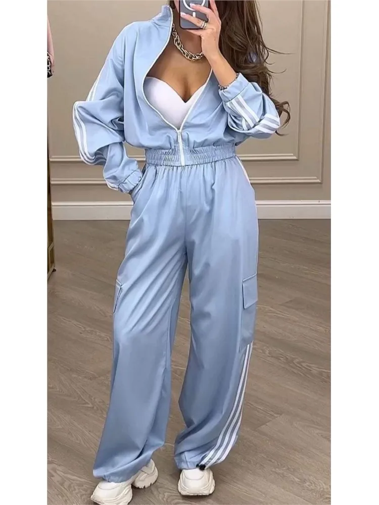 Spring Autumn Sports Sets Loose Casual Women Set Fashion Zipper High-waisted Hoodie + Wide-leg Overalls 2-piece Sweatshirt Suit