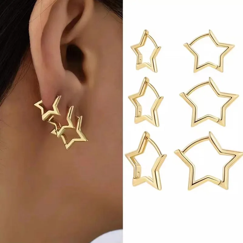 Fashion Smooth 3 Color Hollow Star Hoop Earrings Simple Cute Small Geometry Piercing Huggie Earring For Women Daily Wear Jewelry