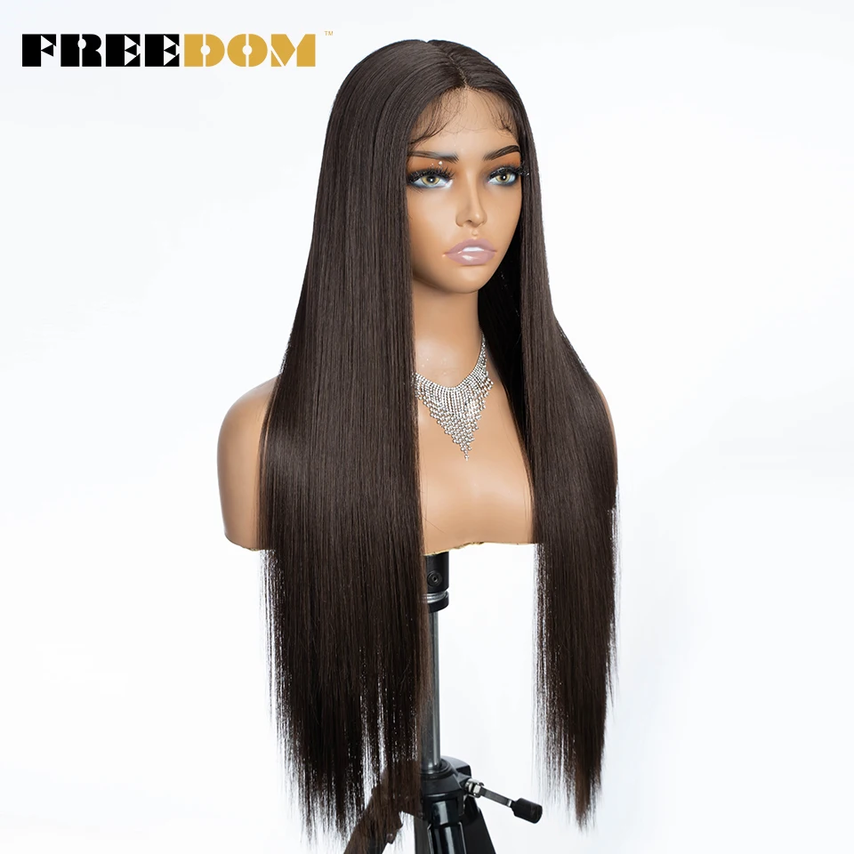 FREEDOM Straight Synthetic Lace Front Wigs For Women 30 Inch Long Ombre Brown Blonde Lace Wig With Baby Hair Green Cosplay Wig
