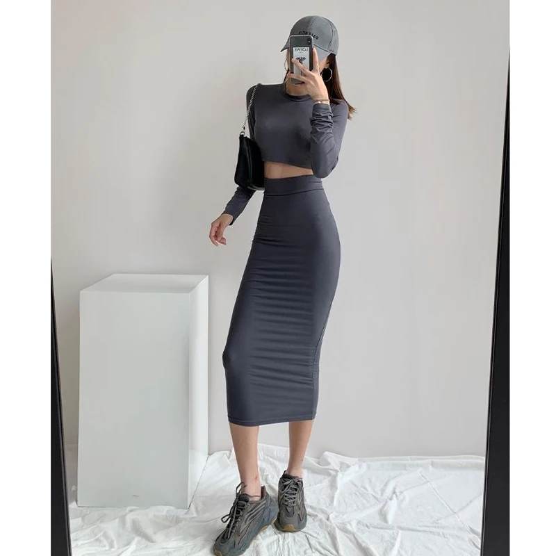 Skinny Dresses For Women 2022 Summer Sexy Skirt Two Piece Set Woman 2 Pieces Chic Tight Mermaid Dress Party Long Sleeve Dress