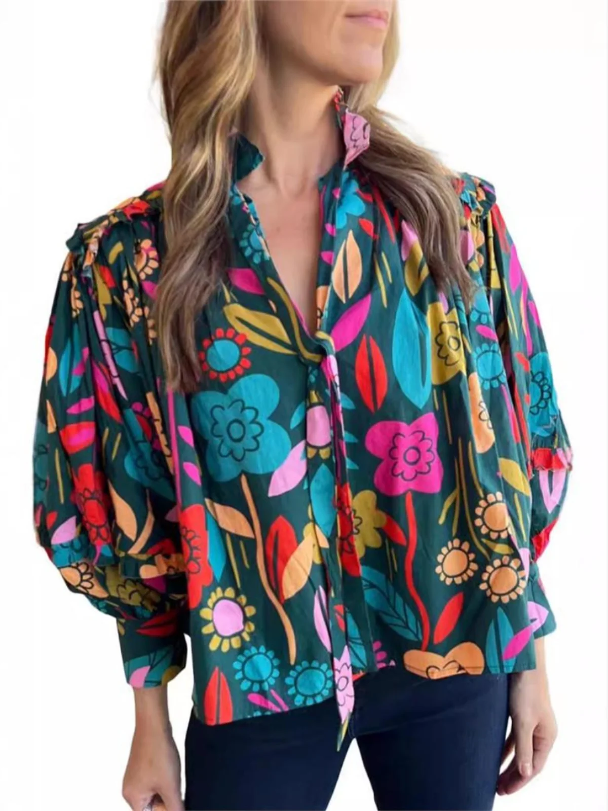 Csa Casual con Estampado Floral para Mujer, Top con Mangas Abullonadas, Cuello en V, Corta, de Poliéster, Mangas Largas, R...