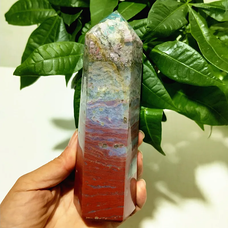 

Natural Pretty Ocean Jasper Stones Tower Wand Point Energy Meditation Spiritual Healing Feng Shui Crystals Room Decortion