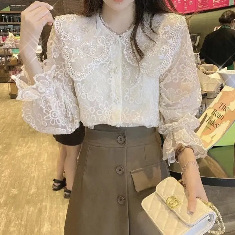 2023 Spring Summer French Lace Print Solid Color Women Shirts Blouse Chic Doll Collar Retro Button Long Sleeve ShirtsTops Tide