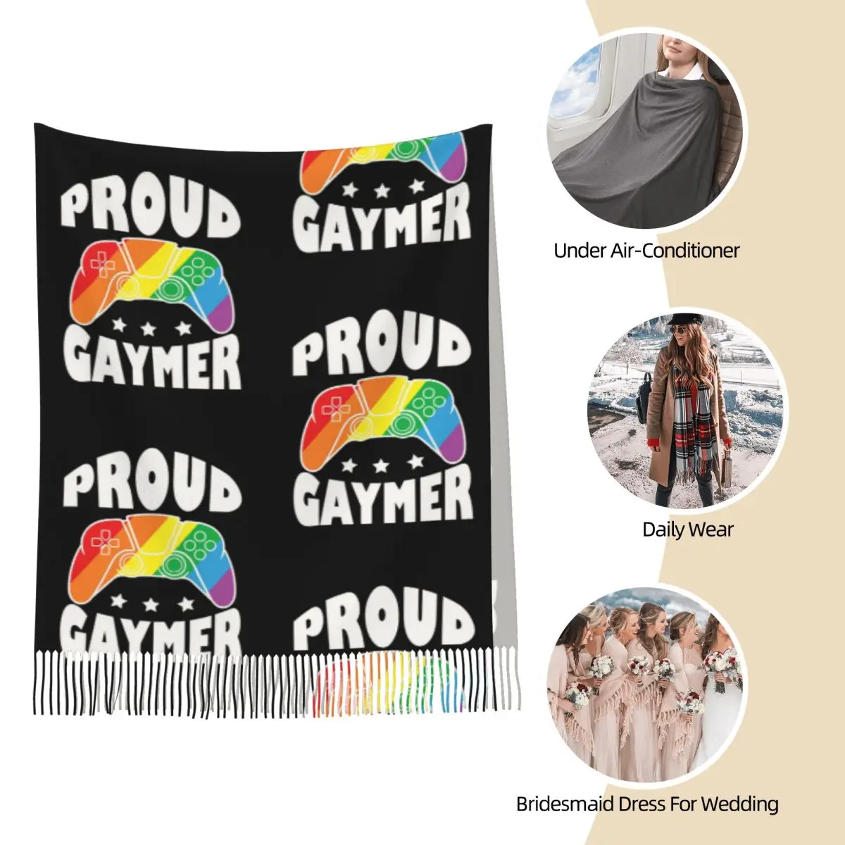 Proud Gaymer LGBTQ Pride Month Scarf Tassel Scarves Women Soft Warm Shawls and Wraps Long Fall Winter Shawl Wrap