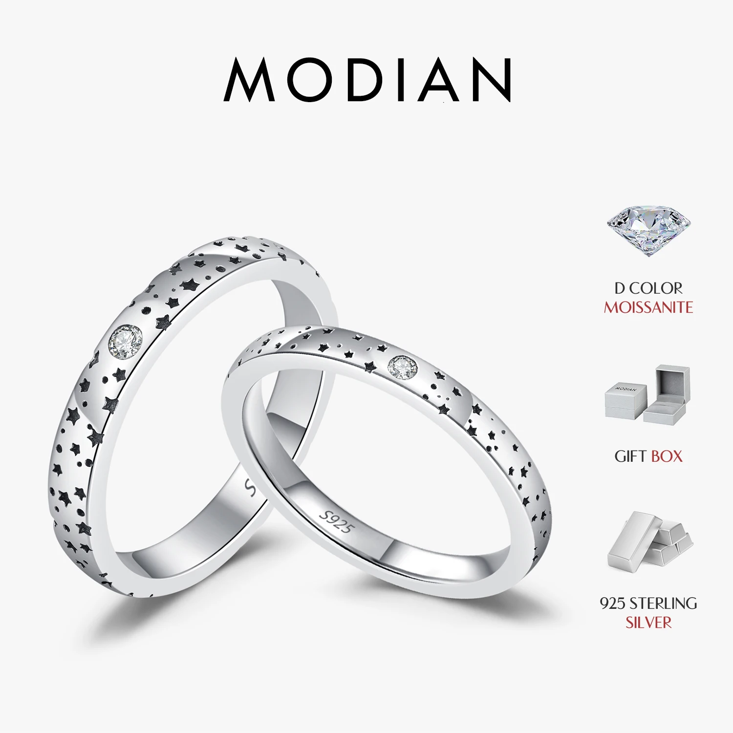 

MODIAN D Color Moissanite Sparkle Couple Ring 925 Sterling Silver Charming Stars Ring For Women and Men Anniversary Fine Jewelry
