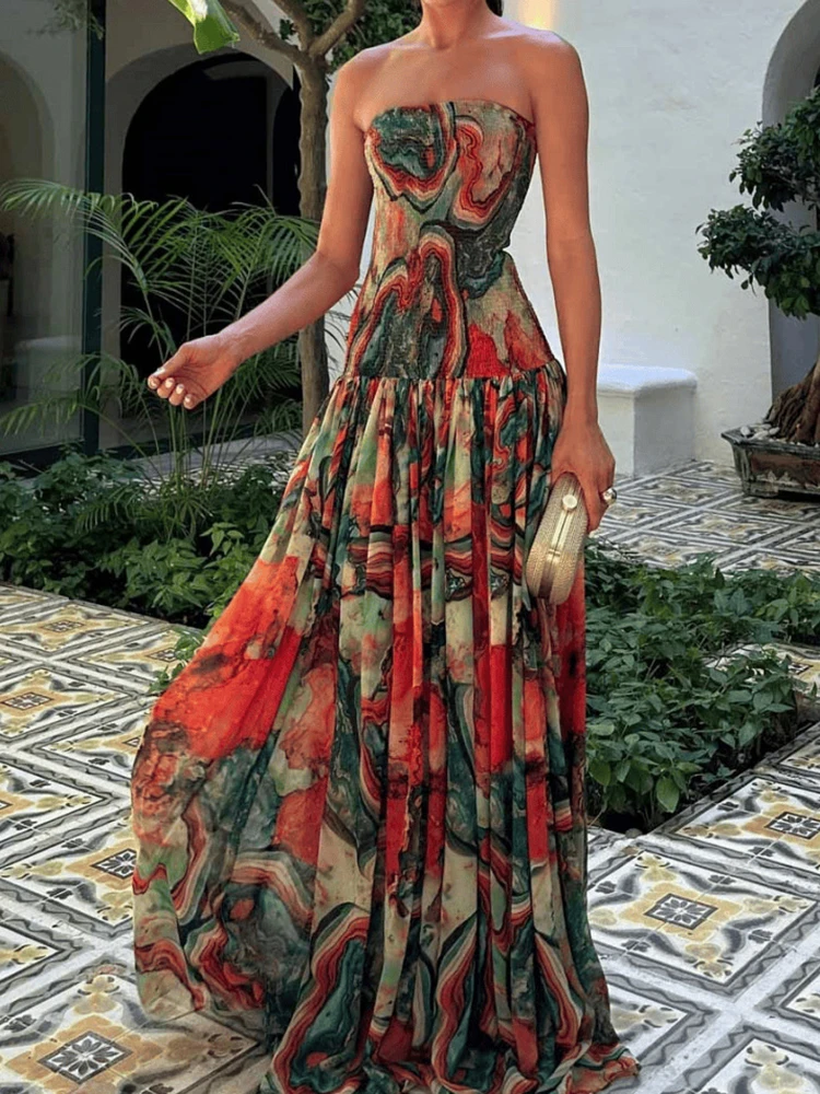 Seksowna damska sukienka bez ramiączek bez pleców Maxi sukienka damska z nadrukiem retro Bohemian Party Dress Summer bez rękawów luźne długie sukienki Vestidos