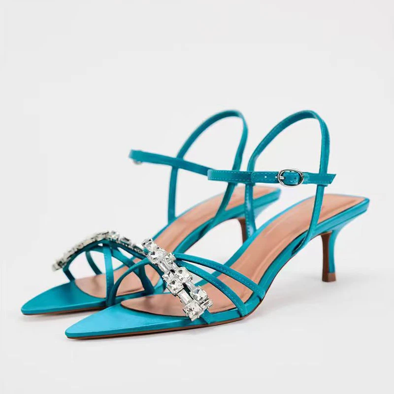 

Сандалии TRAF женские на тонких шпильках, Босоножки с открытым носком, туфли-лодочки с ремешком на щиколотке, высокий каблук, сине-зеленый цвет, лето