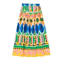 Spring Summer Bright Color Floral Printed A-line Maxi Long Pleated Cotton Skirts