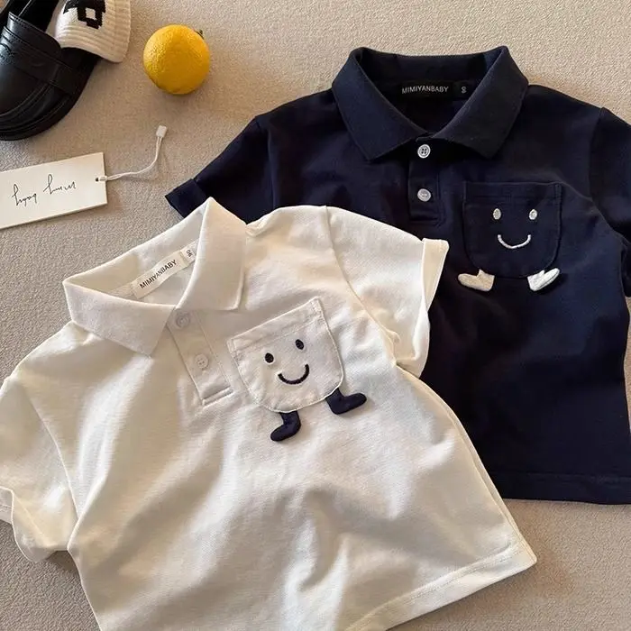 T-shirt 2026 Spring/summer New Childrens Wear Boys and Girls Three-dimensional Pocket Embroidered Lapel Short-sleeved T-shirt