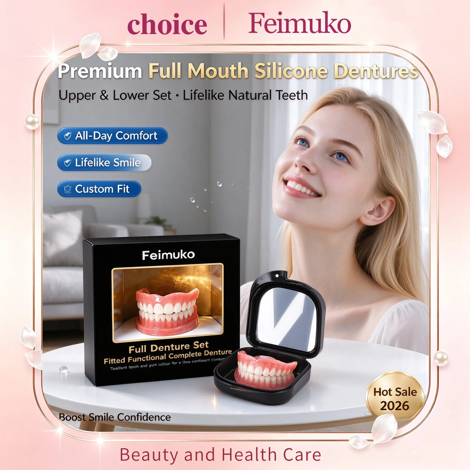 Feimuko Custom Full Mouth Silicone Dentures Upper Lower Set Lifelike Natural Teeth Comfort Custom Fit Temporary Teeth Oral Care
