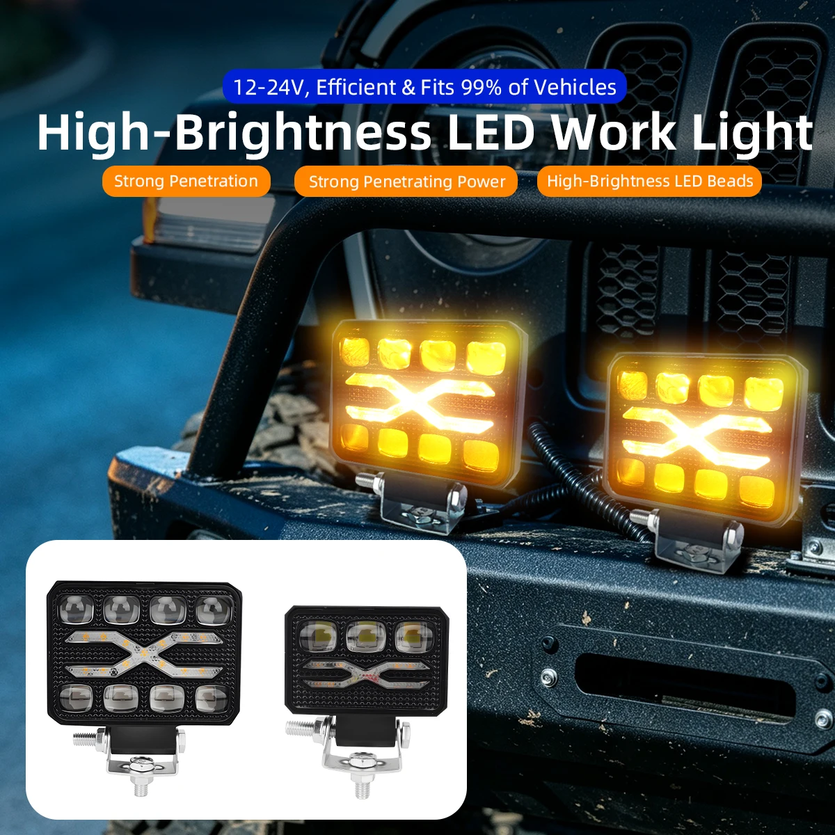 3/4inch Square LED Work Light Bar Dual Color Spotlight Spot Auxiliary Light for 4x4 Off-Road Vehicle Jeep Truck SUV Headlight