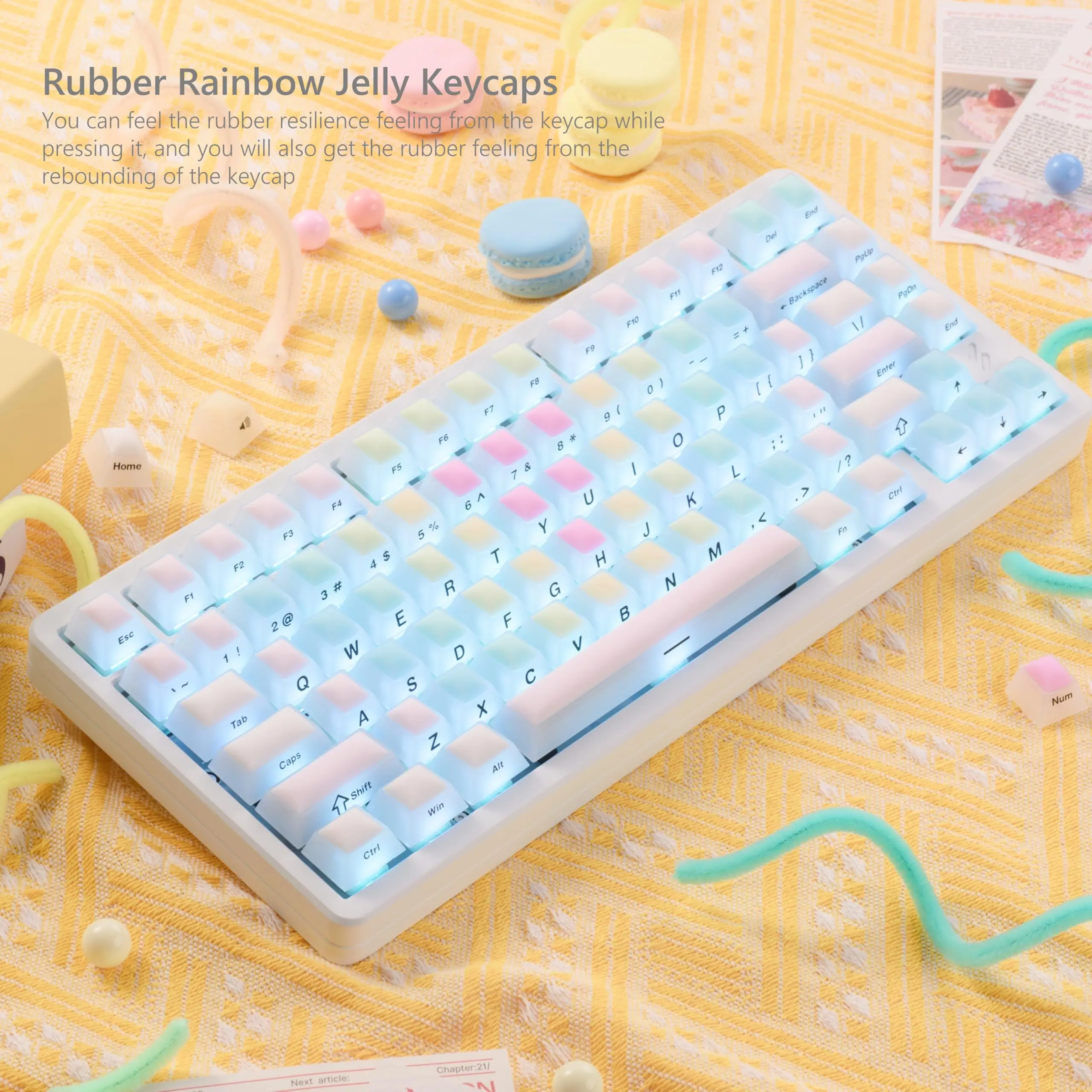 Womier Clear Jelly Keycaps Cute Rainbow Rubber Keycaps Cherry Profile Custom Keyboard Keycaps for MX Switch Mechanical Keyboard