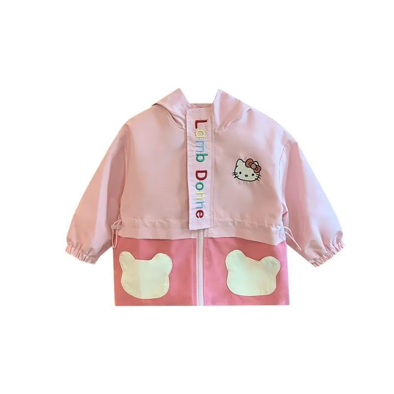 Kawaii Hello Kitty Jacket Children Cartoon Hooded Interchange Jacket Kt Cat Embroidered Long Sleeves Tops Windproof Coat Girls