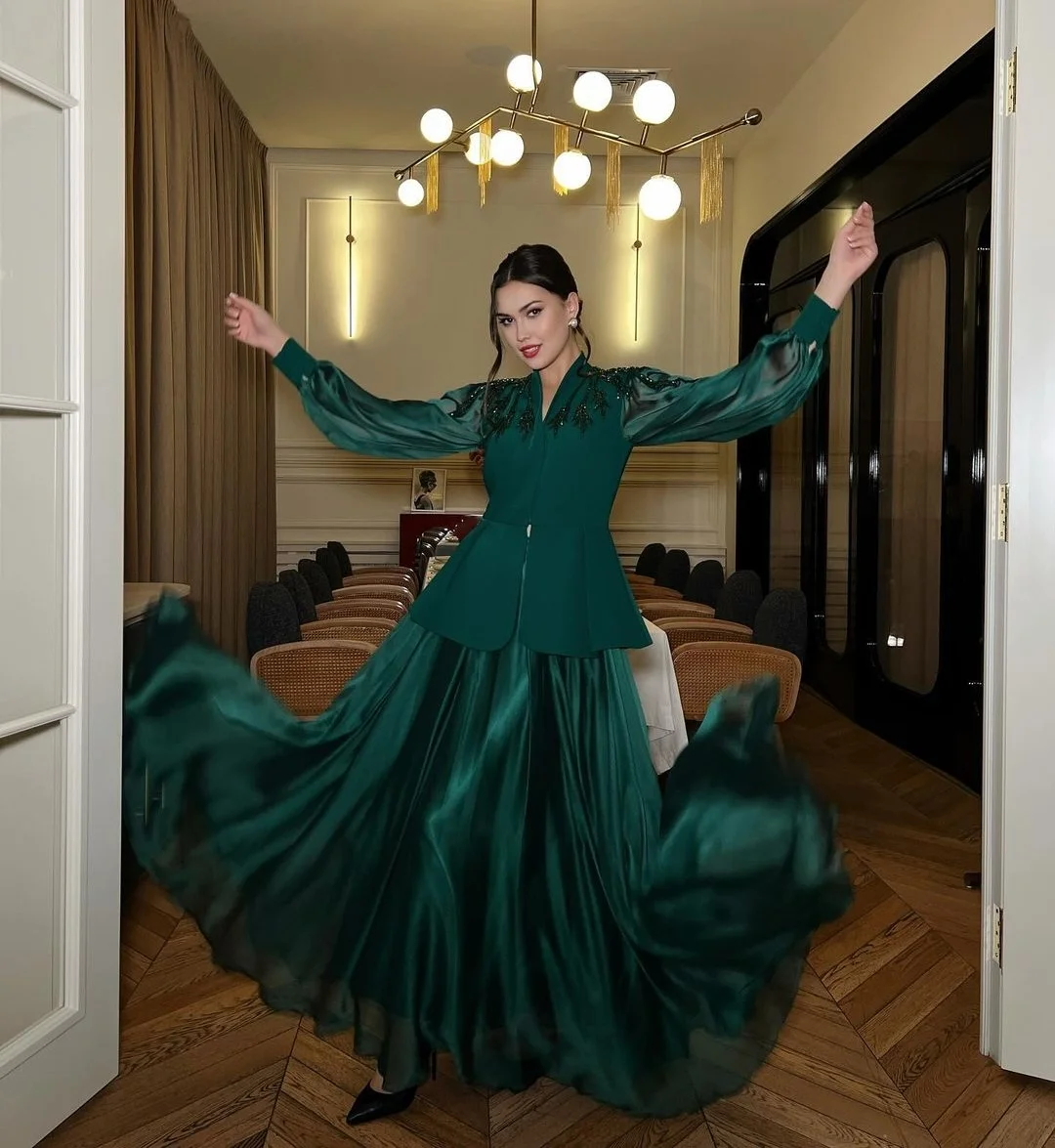 Puff Long Sleeves A-line Green Evening Dresses Beaded Prom Dresses V-neck Elegant Women Formal Party Dress