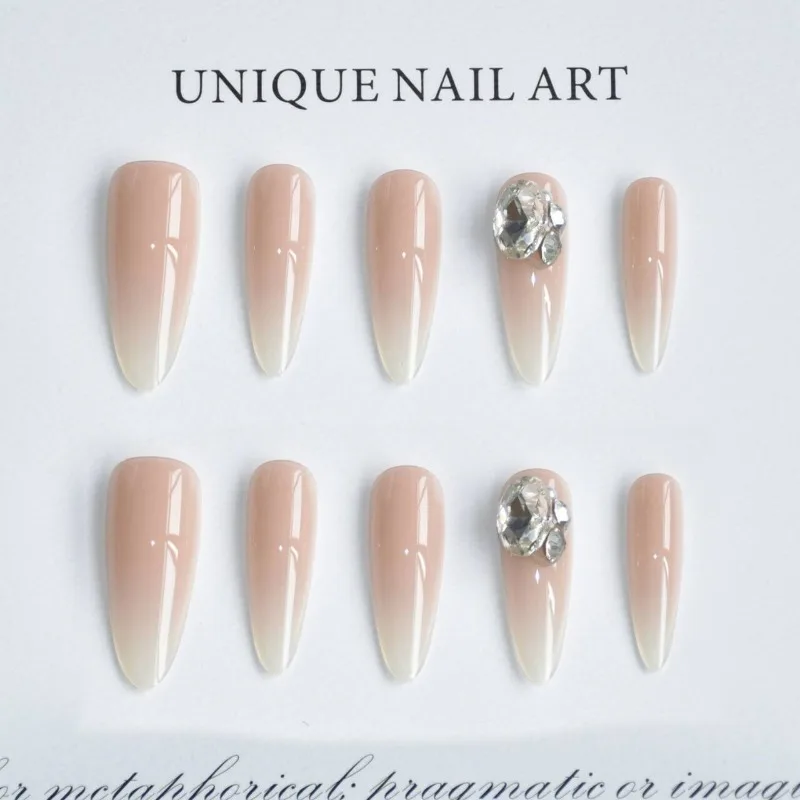 

10 Pcs 2026 Artificial Nail Tips Rhinestones Nail Art Nude Press on Nails Korean Simple False Nails with Box and Tools Removable