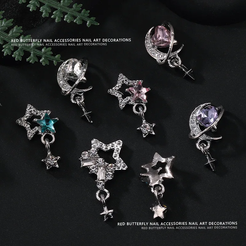 10 قطعة ثلاثية الأبعاد الفاخرة سبيكة القمر نجوم مسمار الفن قلادة جالبة للحظ حجر الراين اكسسوارات ل مانيكير ديكور الأظافر لوازم الديكور #3