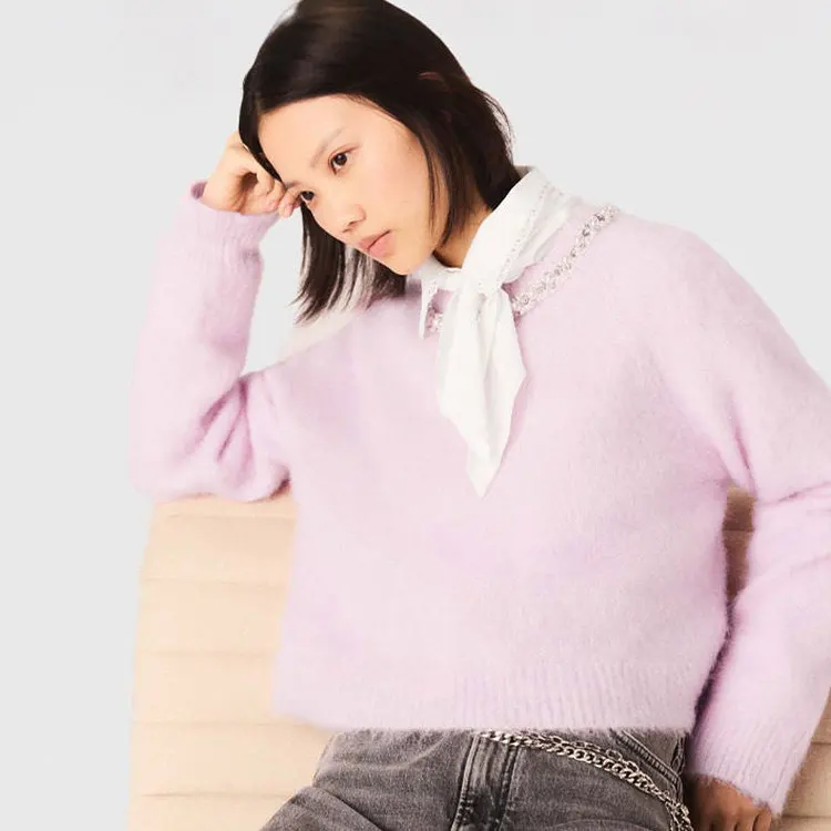 

M Home New Year Series Spring Women's Pink Rhinestone Decorated Long Sve Knitted Top French Sle Regular Fit Medium Softn
