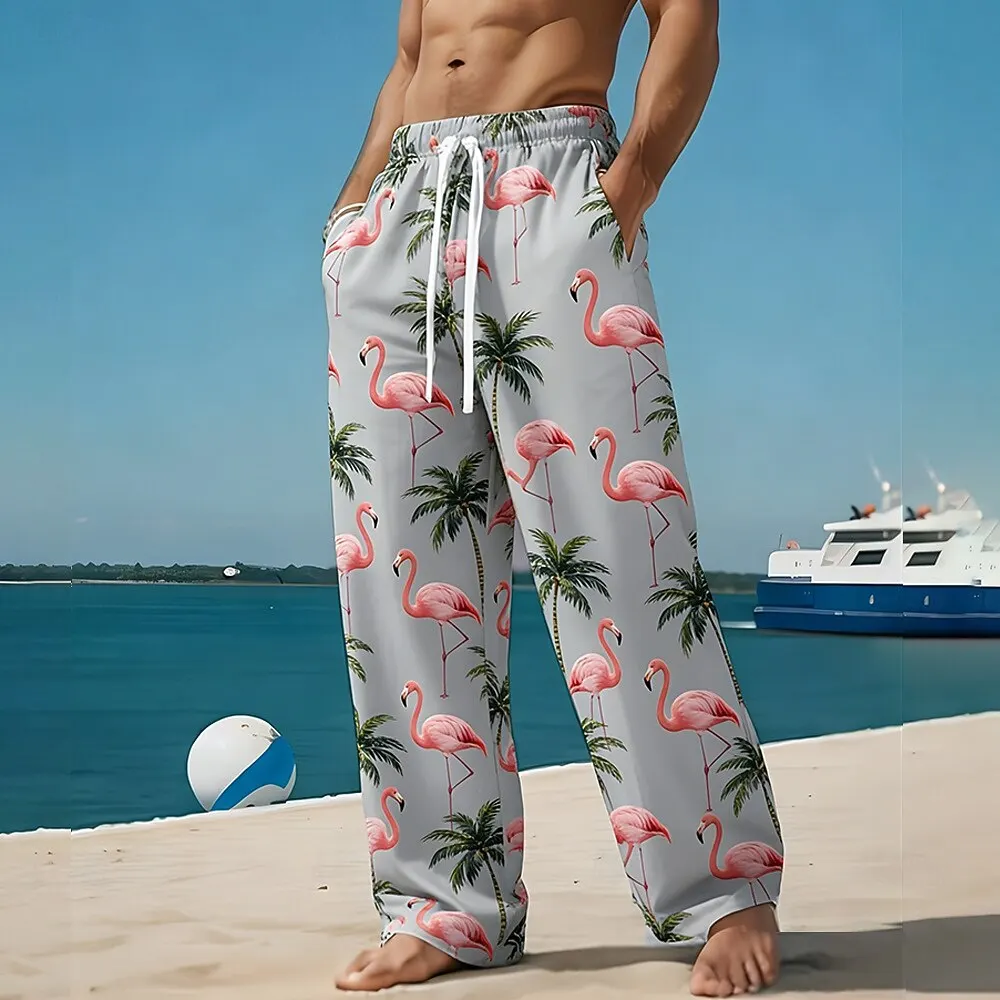 Men's Flamingo Coconut Tree 3D Print Casual Pants, Baggy Mid Waist, Elastic Drawstring, Hawaiian Beach Vacation Wear