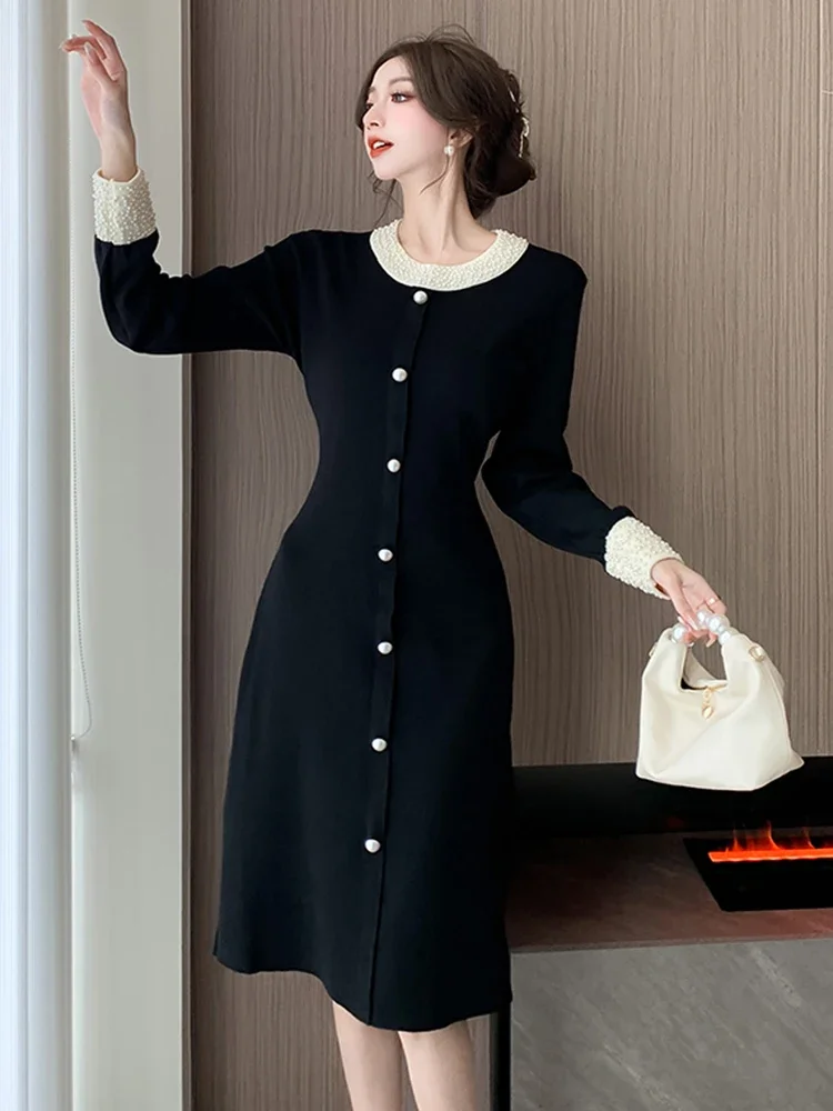 

Spring Autumn Black Knitted Dress Women Neck Beading Sexy Slim Sheath Bodycon Knee Lengh Sweater Dresses Z23